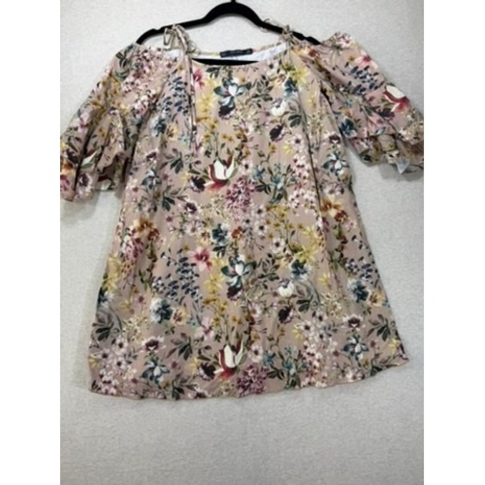 Zara Basic Floral Cold Shoulder Blouse Womens Medium Pink‎ Ruffle Sleeve